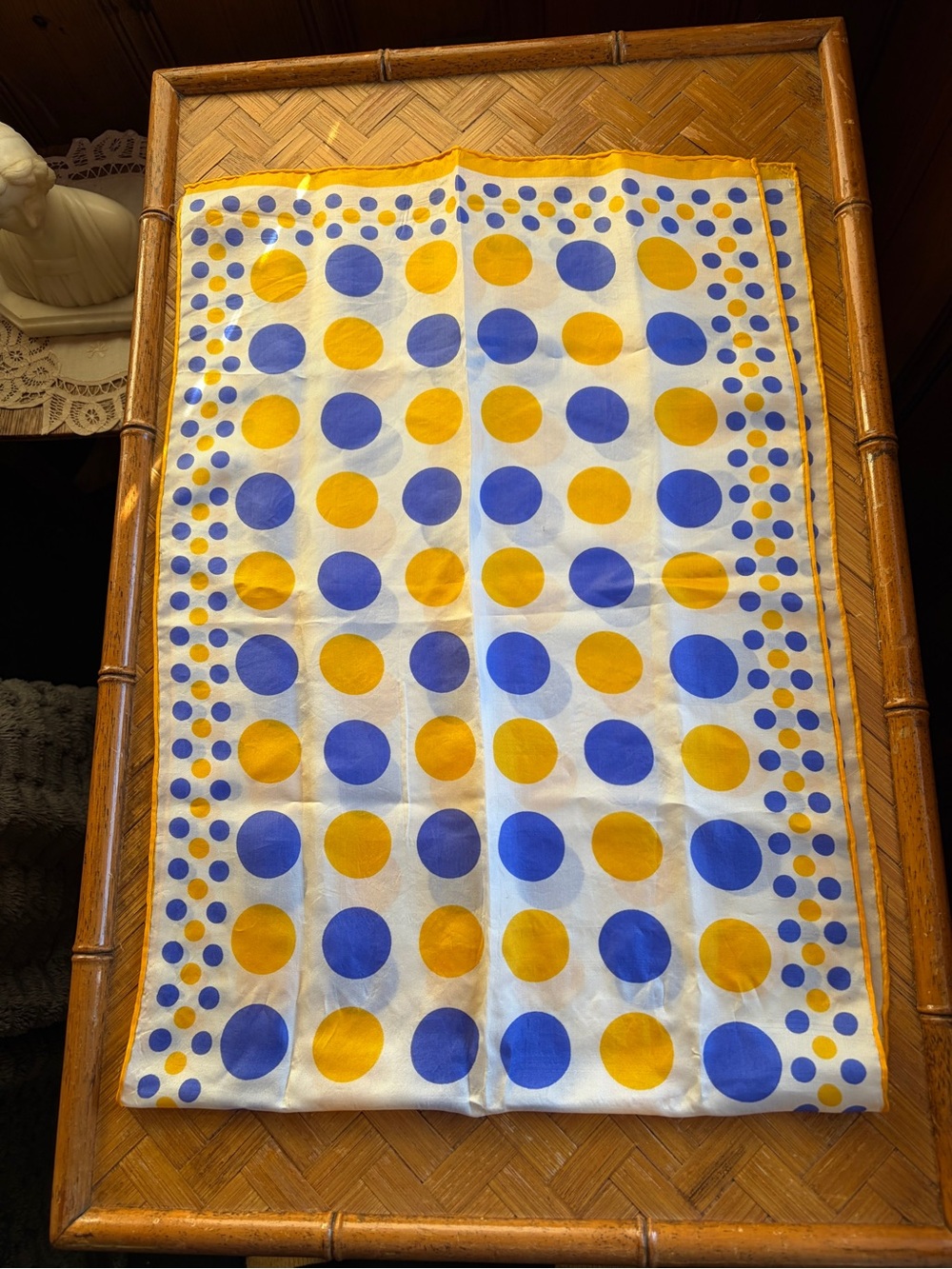 Vintage polkadot silk scarf cobalt blue & yellow, silk blend, still has tag.